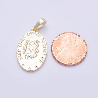 16K Gold Filled 25mm "Saint Christopher Save Us" Religious Prayer Oval Pendant | Charms-01397