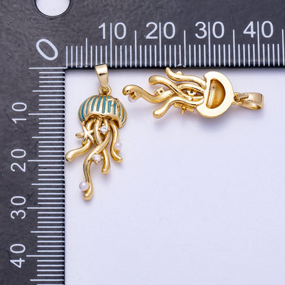 16K Gold Filled 25mm Shell Pearl Clear CZ Jellyfish Animal Charm | Charms-00596