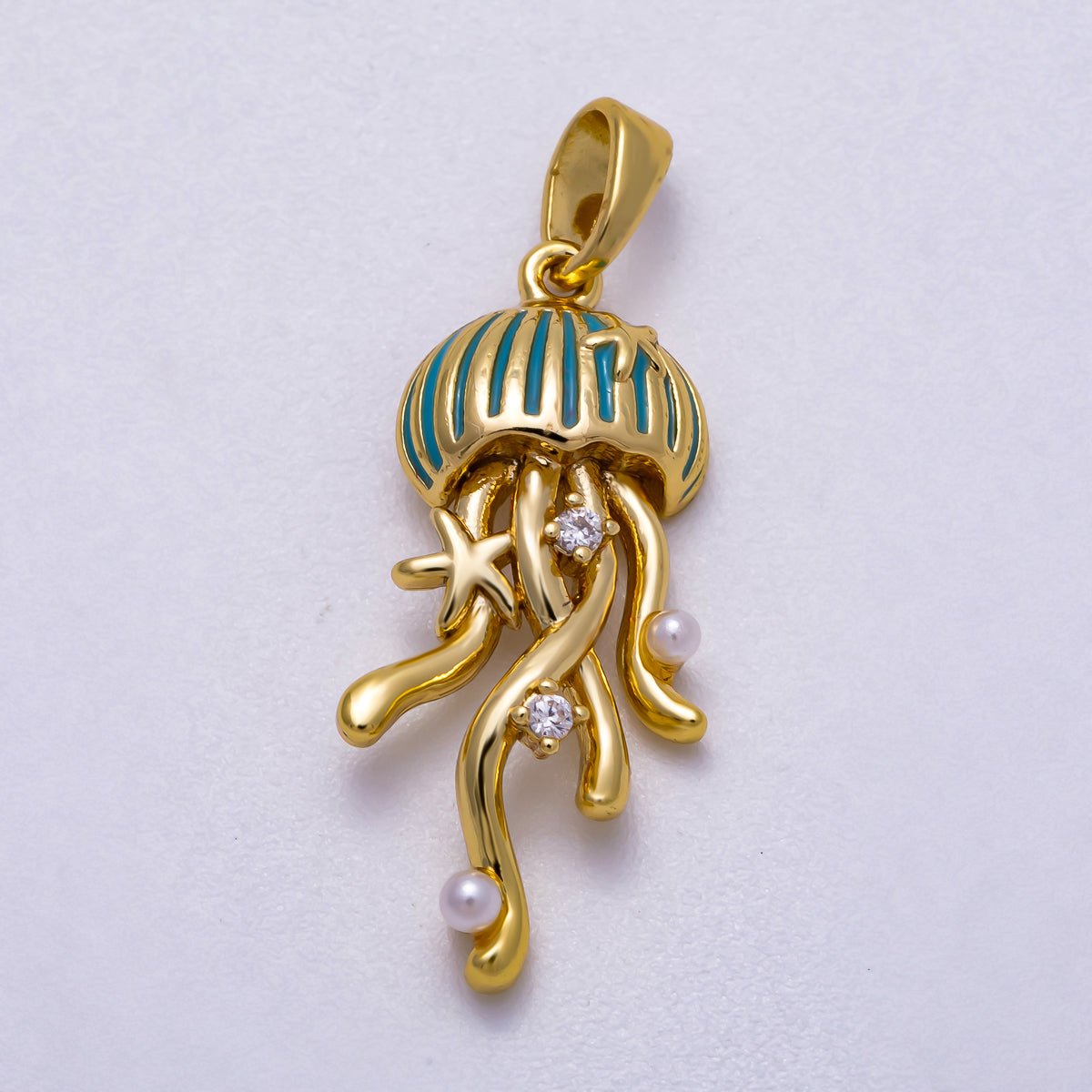 16K Gold Filled 25mm Shell Pearl Clear CZ Jellyfish Animal Charm | Charms-00596
