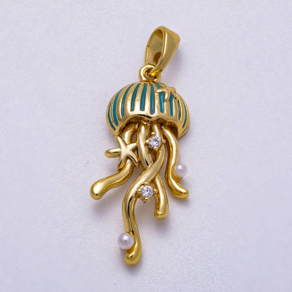 16K Gold Filled 25mm Shell Pearl Clear CZ Jellyfish Animal Charm | Charms-00596