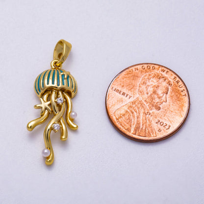 16K Gold Filled 25mm Shell Pearl Clear CZ Jellyfish Animal Charm | Charms-00596