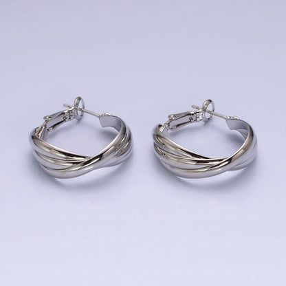 16K Gold Filled 25mm Triple Flat Bar Band X Hinge Hoop Earrings in Gold &amp; Silver | AD1291 AD1292