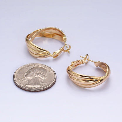 16K Gold Filled 25mm Triple Flat Bar Band X Hinge Hoop Earrings in Gold &amp; Silver | AD1291 AD1292
