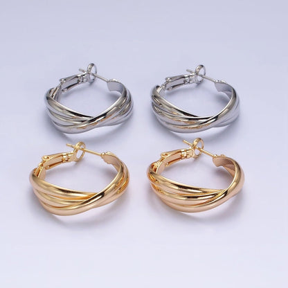 16K Gold Filled 25mm Triple Flat Bar Band X Hinge Hoop Earrings in Gold &amp; Silver | AD1291 AD1292