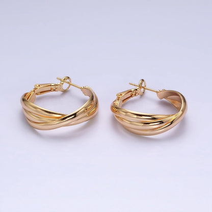16K Gold Filled 25mm Triple Flat Bar Band X Hinge Hoop Earrings in Gold &amp; Silver | AD1291 AD1292