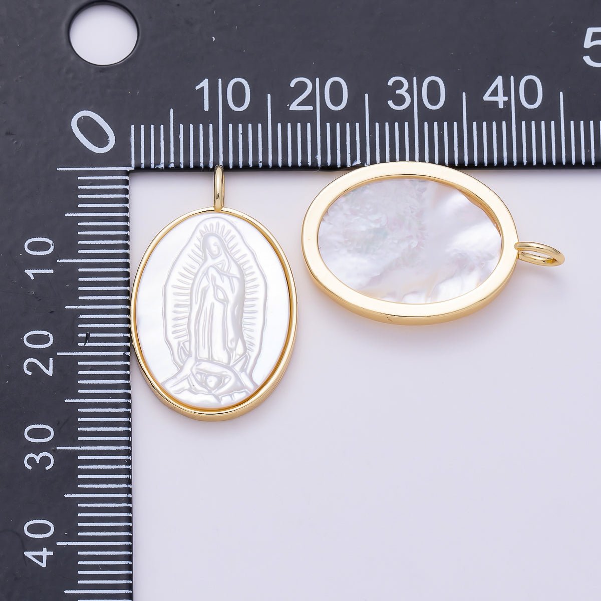 16K Gold Filled 26.5mm White Shell Pearl Lady Guadalupe Mary Oval Charm | Charms-01481