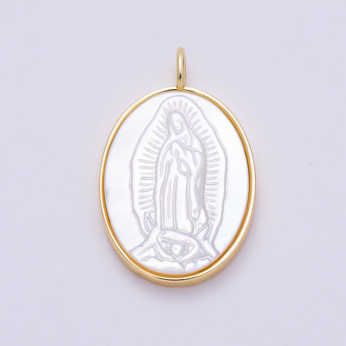 16K Gold Filled 26.5mm White Shell Pearl Lady Guadalupe Mary Oval Charm | Charms-01481