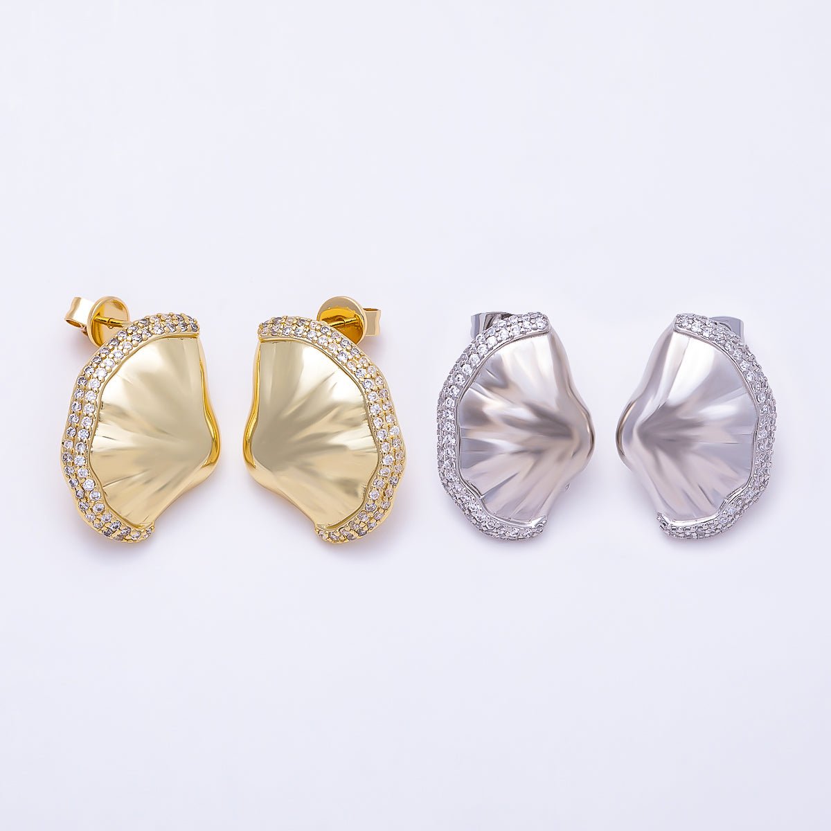 16K Gold Filled 26mm Clam Sea Shell Micro Paved CZ Stud Earrings in Gold &amp; Silver | Findings-00486 Findings-00487
