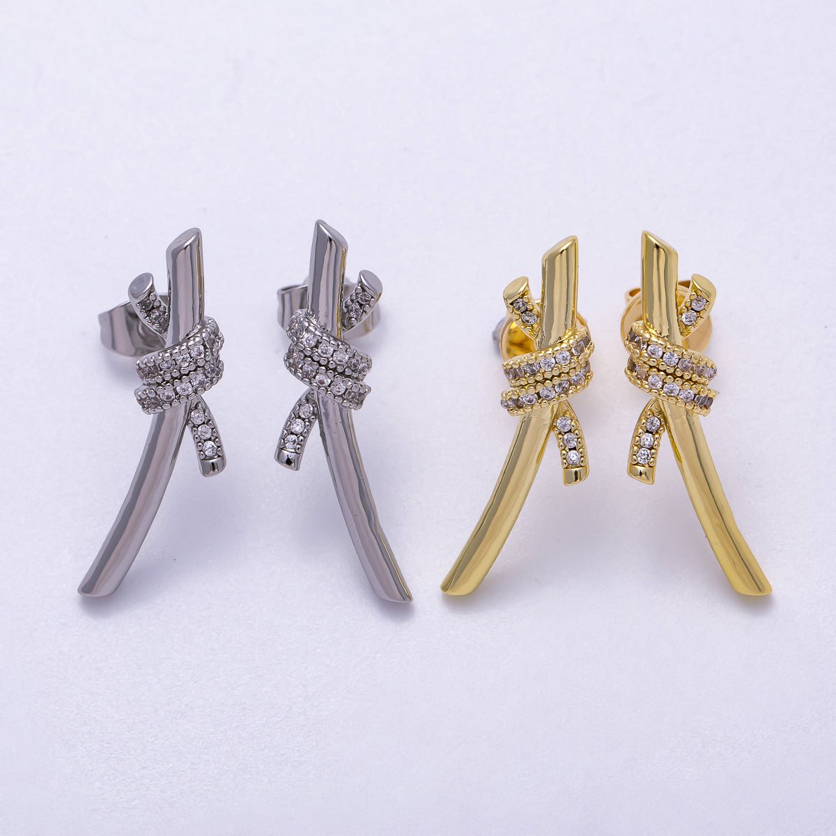 16K Gold Filled 26mm Micro Paved CZ Knot Stud Earrings in Gold &amp; Silver | Earrings-00333 Earrings-00334