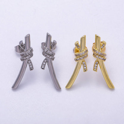 16K Gold Filled 26mm Micro Paved CZ Knot Stud Earrings in Gold &amp; Silver | Earrings-00333 Earrings-00334