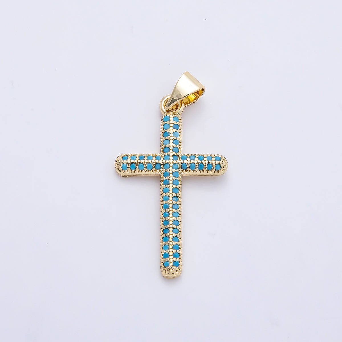 16K Gold Filled 26mm Turquoise Micro Paved Religious Cross Pendant | Charms-01251
