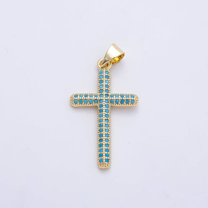 16K Gold Filled 26mm Turquoise Micro Paved Religious Cross Pendant | Charms-01251