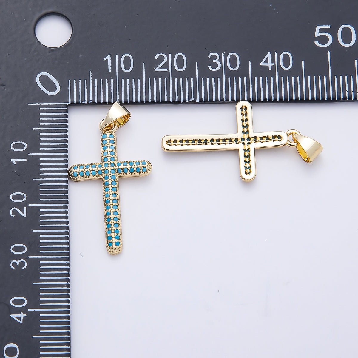 16K Gold Filled 26mm Turquoise Micro Paved Religious Cross Pendant | Charms-01251