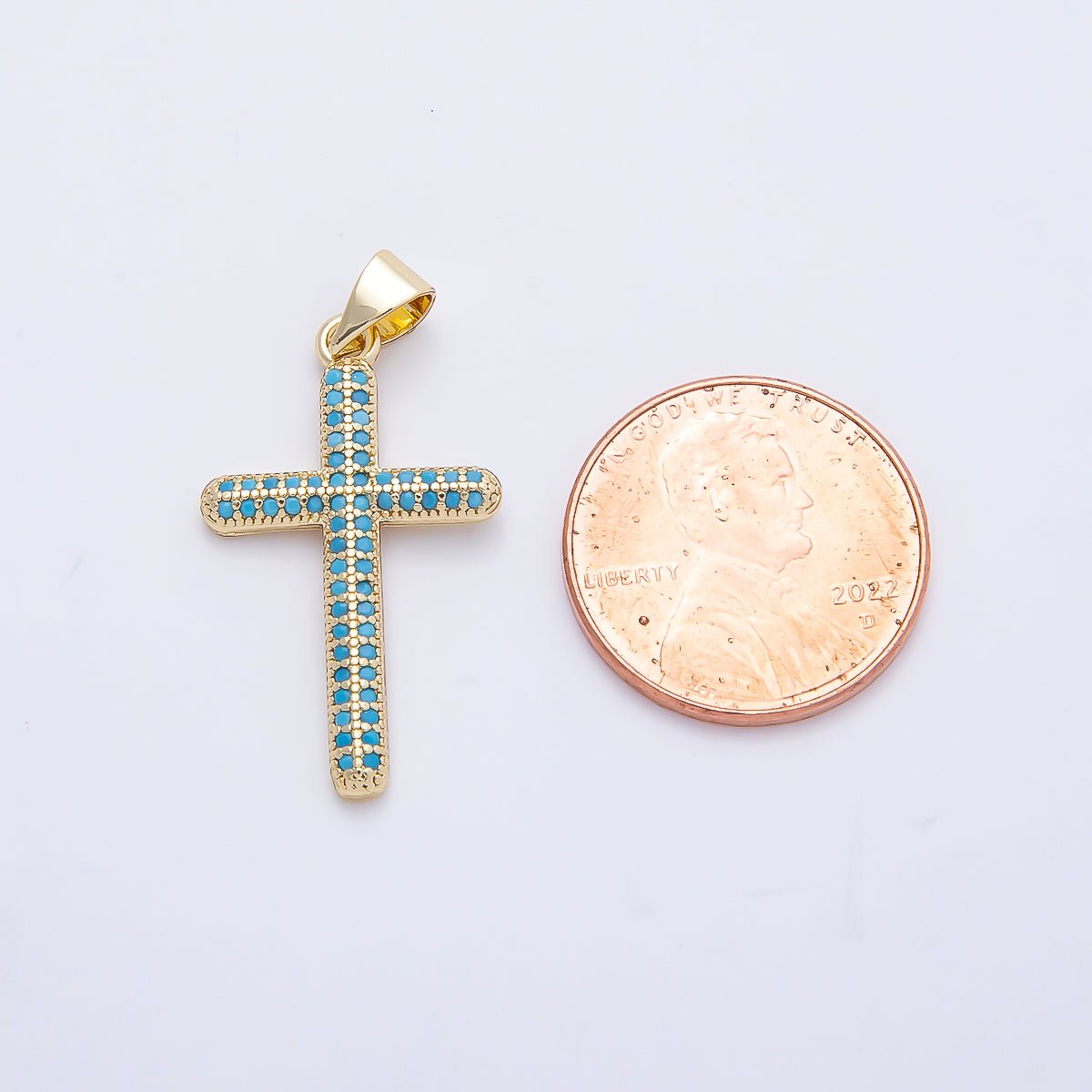 16K Gold Filled 26mm Turquoise Micro Paved Religious Cross Pendant | Charms-01251