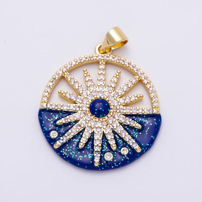 16K Gold Filled 27mm Blue Clear Micro Paved CZ Celestial Sun Open Round Pendant | Charms-01489