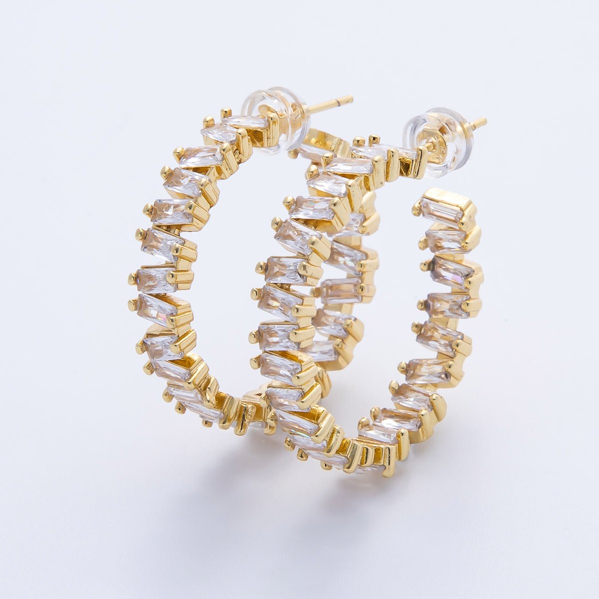 16K Gold Filled 27mm Clear Baguette CZ C-Shaped Hoop | Earrings-00231