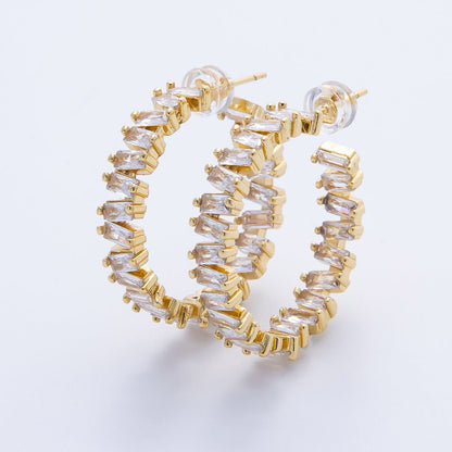 16K Gold Filled 27mm Clear Baguette CZ C-Shaped Hoop | Earrings-00231