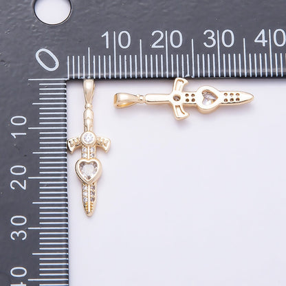 16K Gold Filled 27mm Clear Heart CZ Religious Cross Sword Pendant | Charms-01042