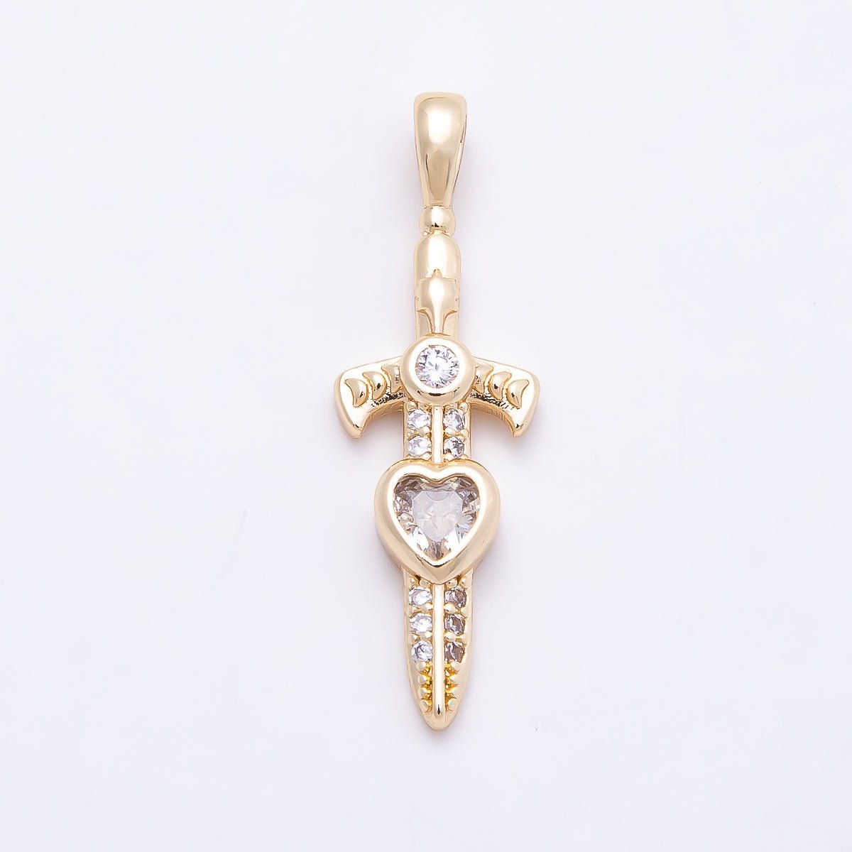 16K Gold Filled 27mm Clear Heart CZ Religious Cross Sword Pendant | Charms-01042
