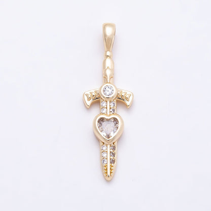 16K Gold Filled 27mm Clear Heart CZ Religious Cross Sword Pendant | Charms-01042