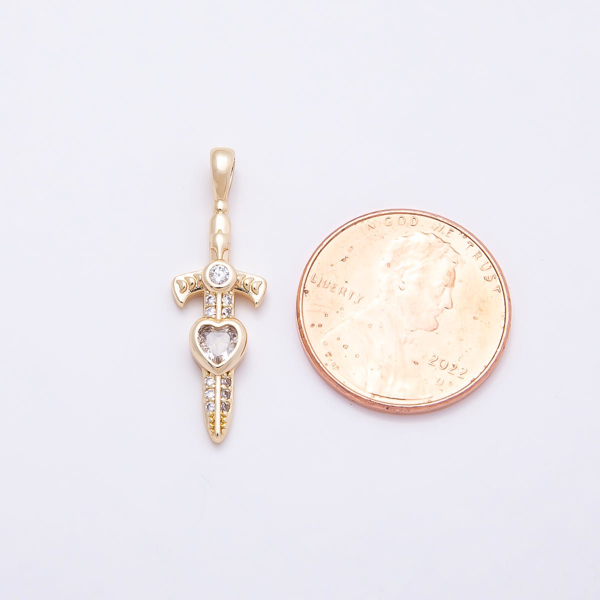 16K Gold Filled 27mm Clear Heart CZ Religious Cross Sword Pendant | Charms-01042