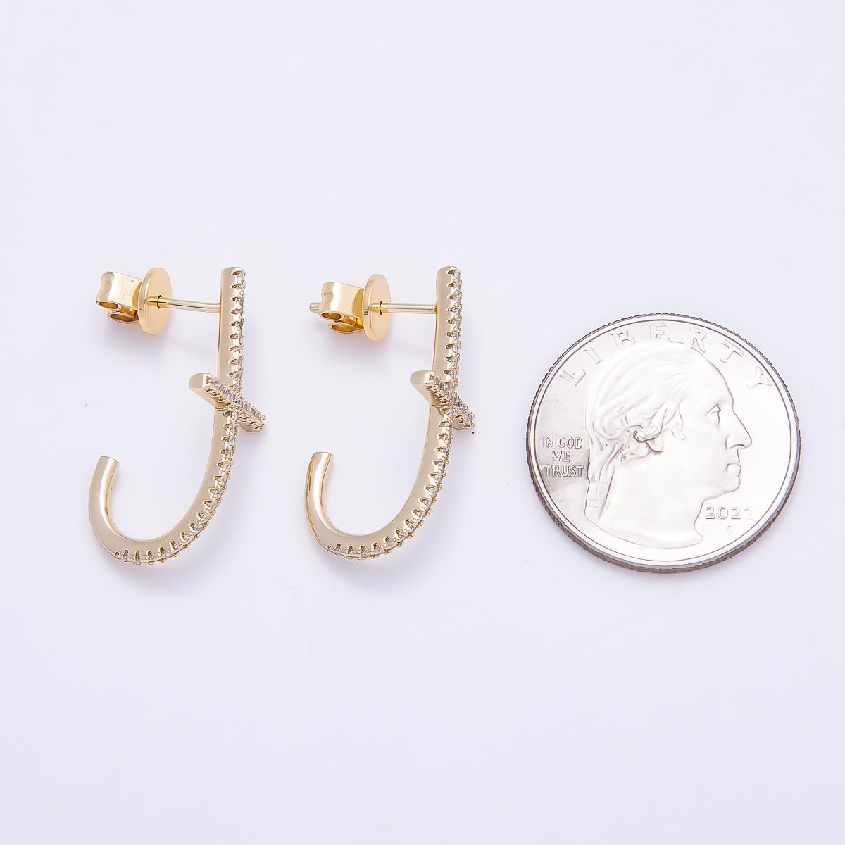 16K Gold Filled 27mm Clear T J-Shaped Micro Paved CZ Stud Earrings | Earrings-00432