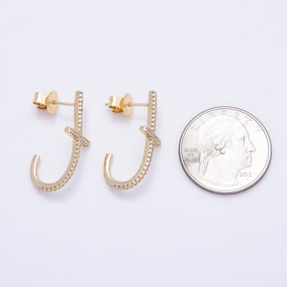 16K Gold Filled 27mm Clear T J-Shaped Micro Paved CZ Stud Earrings | Earrings-00432