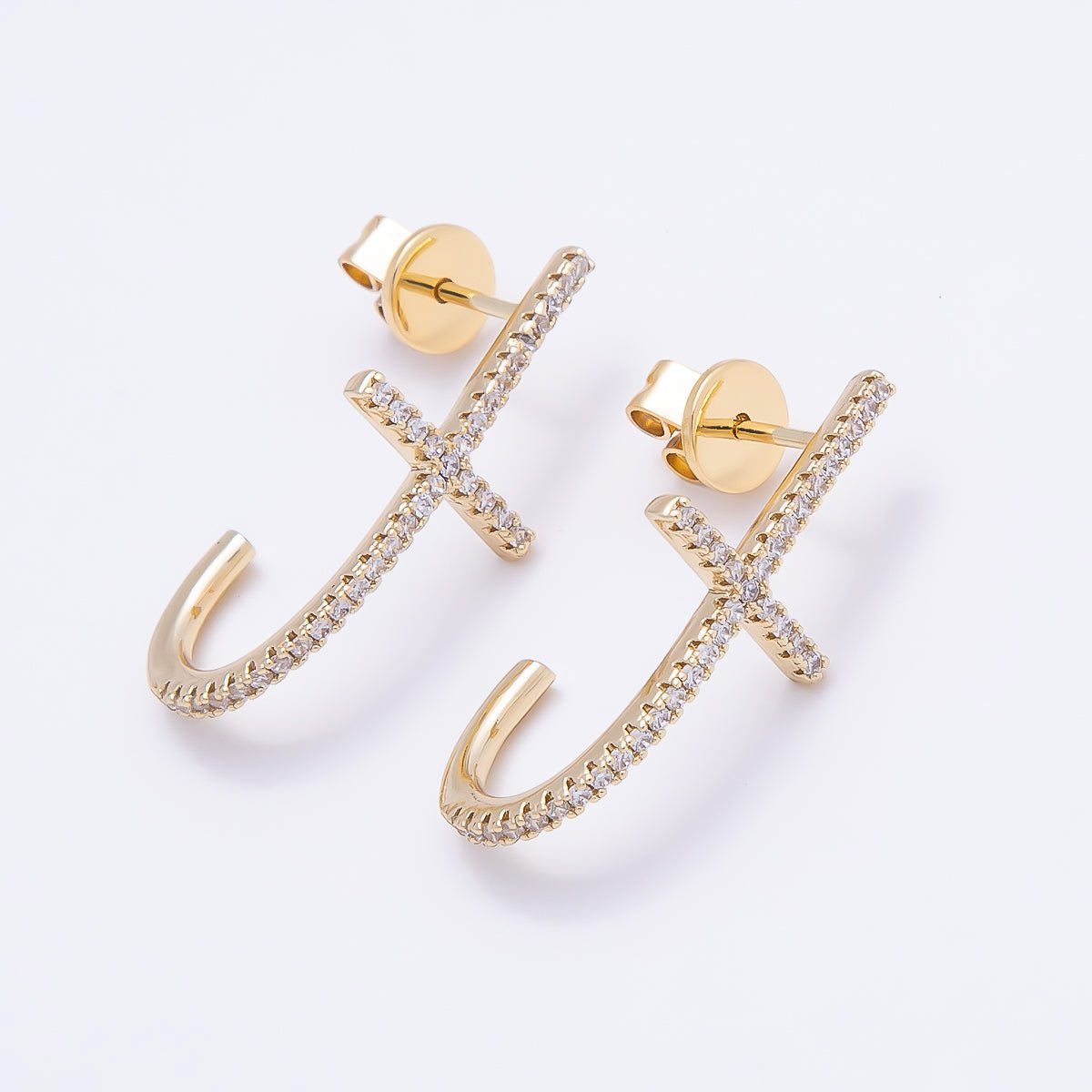 16K Gold Filled 27mm Clear T J-Shaped Micro Paved CZ Stud Earrings | Earrings-00432