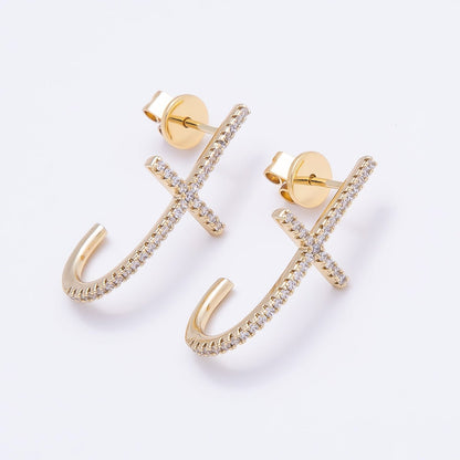 16K Gold Filled 27mm Clear T J-Shaped Micro Paved CZ Stud Earrings | Earrings-00432