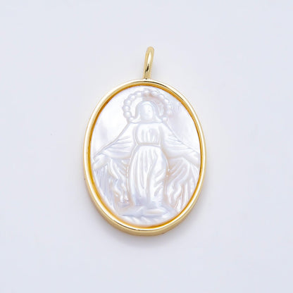 16K Gold Filled 27mm White Shell Pearl Virgin Mary Oval Charm | Charms-01508