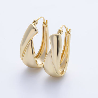 16K Gold Filled 28.8mm Quilted Lined Geometric U-Shaped Latch Hoop | Earrings-00216