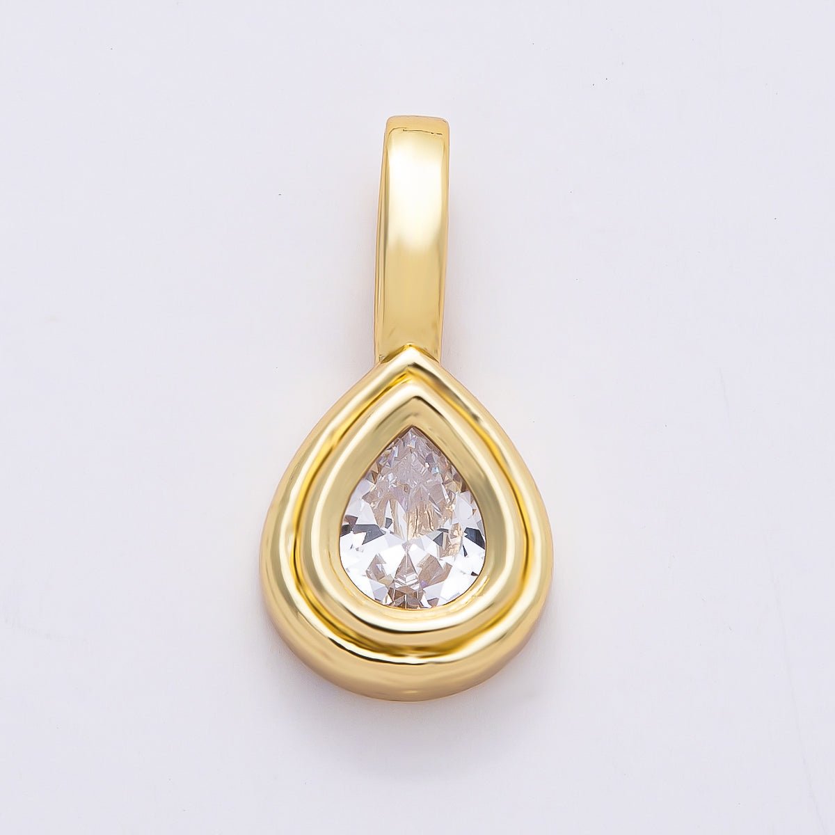 16K Gold Filled 28mm Clear CZ Teardrop Bezel Solitaire Pendant | Charms-00814