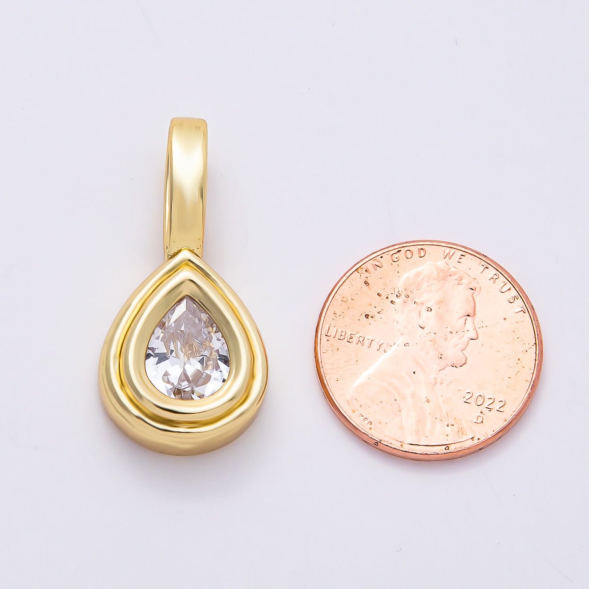 16K Gold Filled 28mm Clear CZ Teardrop Bezel Solitaire Pendant | Charms-00814