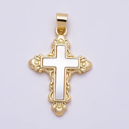 16K Gold Filled 28mm Shell Pearl Artisan Religious Cross Pendant | Charms-01311