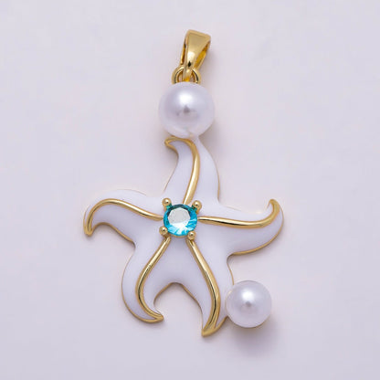 16K Gold Filled 29mm Blue CZ Shell Pearl Starfish Pendant | Charms-00946