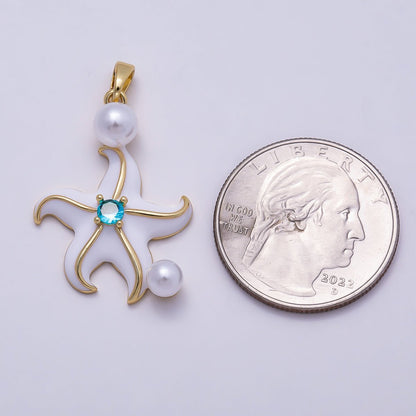 16K Gold Filled 29mm Blue CZ Shell Pearl Starfish Pendant | Charms-00946