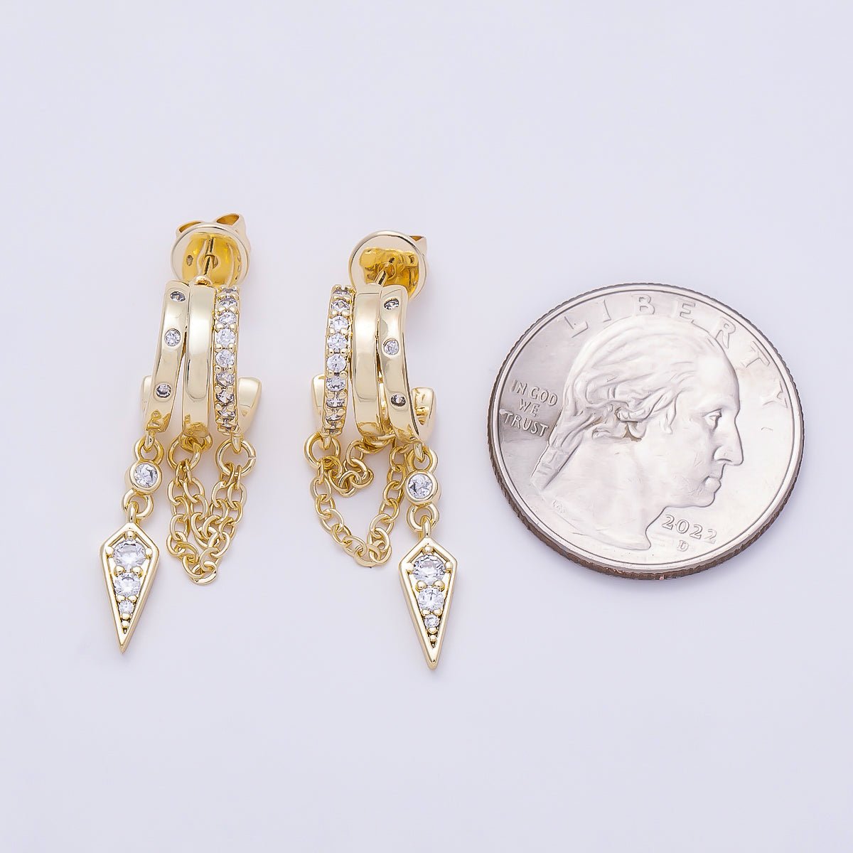16K Gold Filled 29mm Clear Micro Paved CZ Spiked Chain Drop C-Shaped Hoop | Earrings-00688