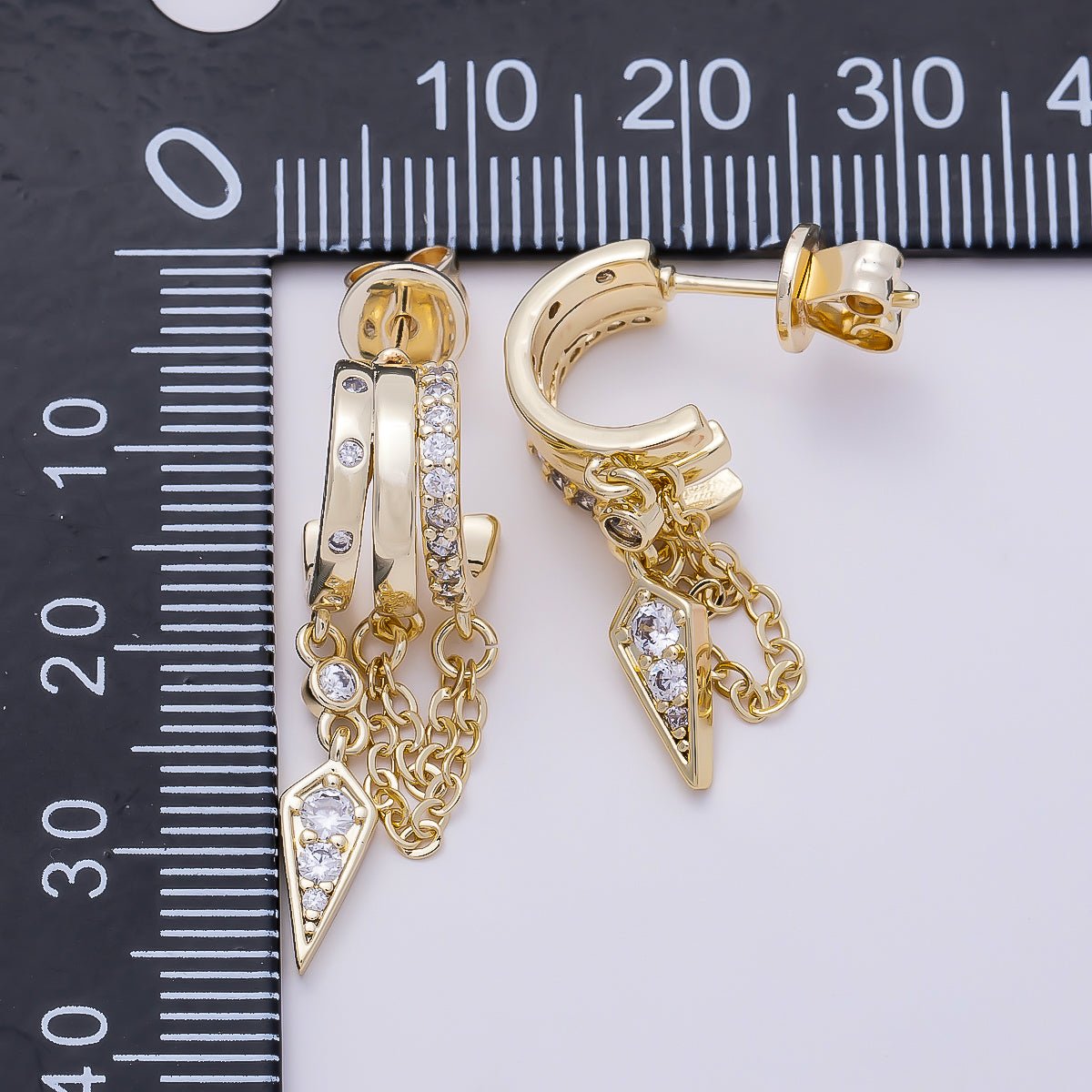 16K Gold Filled 29mm Clear Micro Paved CZ Spiked Chain Drop C-Shaped Hoop | Earrings-00688