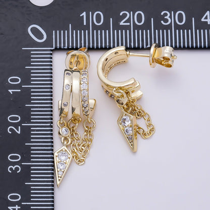16K Gold Filled 29mm Clear Micro Paved CZ Spiked Chain Drop C-Shaped Hoop | Earrings-00688