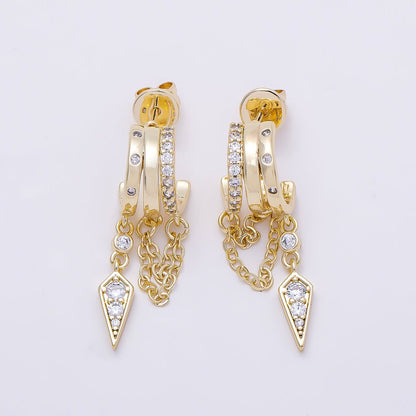 16K Gold Filled 29mm Clear Micro Paved CZ Spiked Chain Drop C-Shaped Hoop | Earrings-00688
