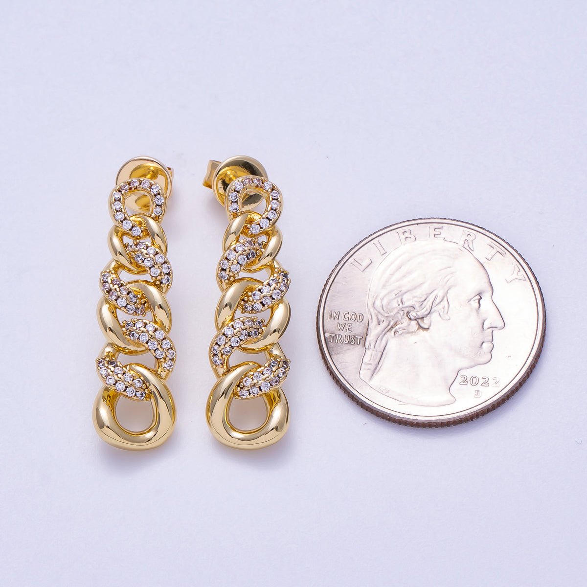 16K Gold Filled 29mm Micro Paved CZ Curb Chain Link Drop Stud Earrings | Earrings-00307