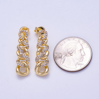 16K Gold Filled 29mm Micro Paved CZ Curb Chain Link Drop Stud Earrings | Earrings-00307
