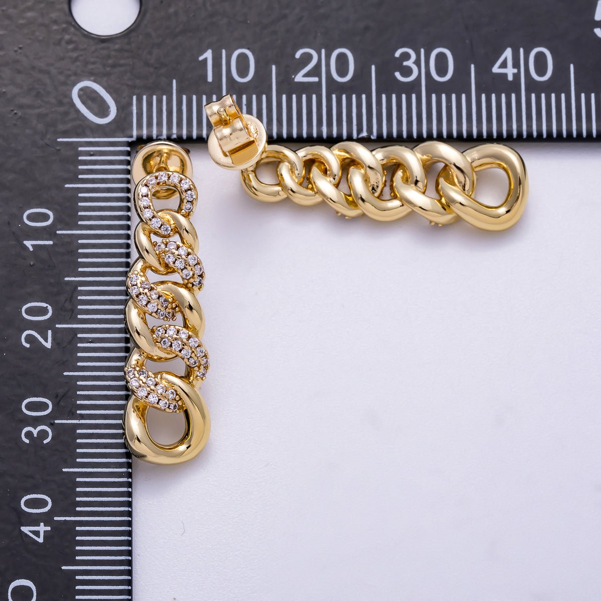 16K Gold Filled 29mm Micro Paved CZ Curb Chain Link Drop Stud Earrings | Earrings-00307