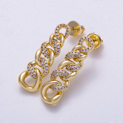 16K Gold Filled 29mm Micro Paved CZ Curb Chain Link Drop Stud Earrings | Earrings-00307