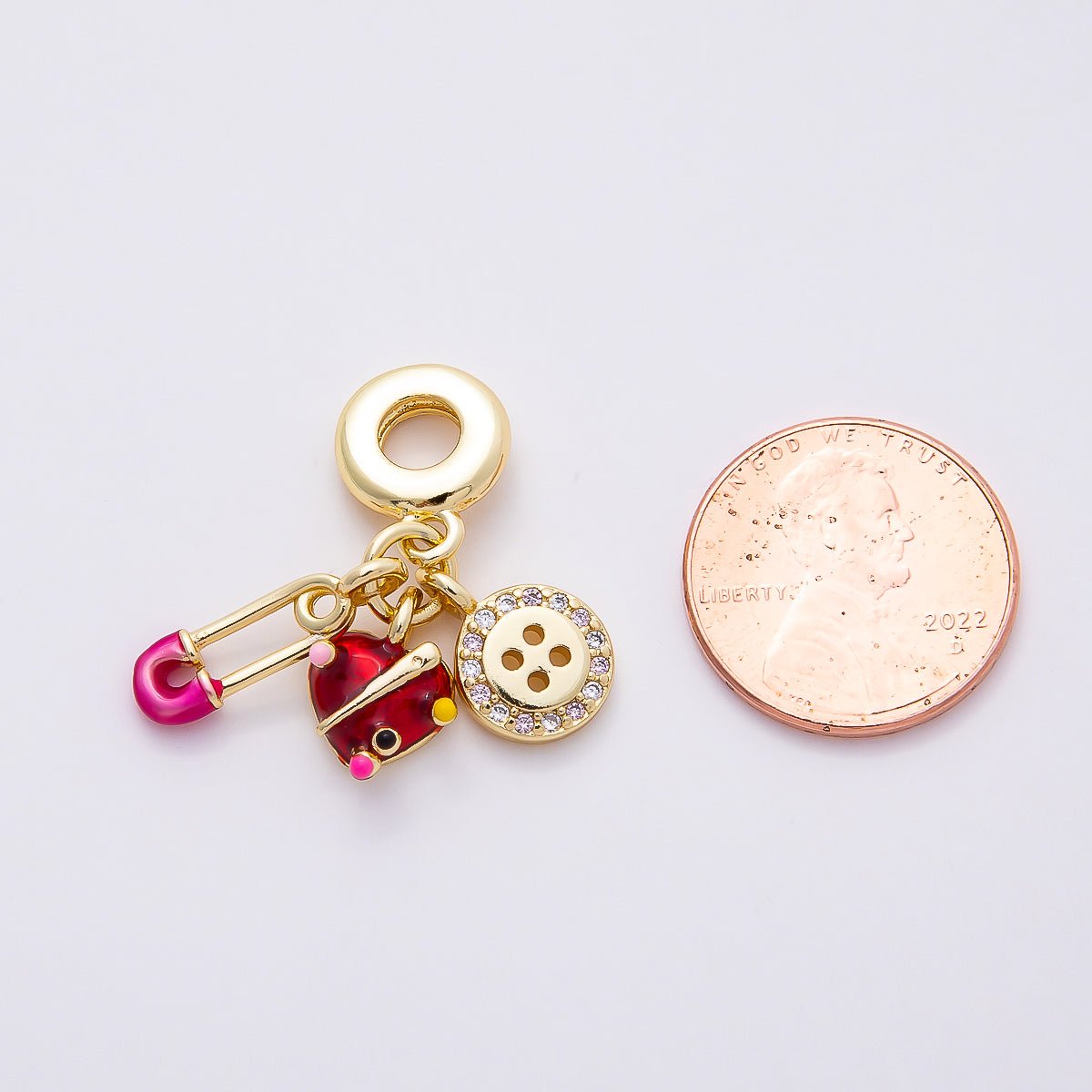 16K Gold Filled 29mm Sewing Kit Safety Pin Button Heart Drop Rondelle Pendant | Charms-00853