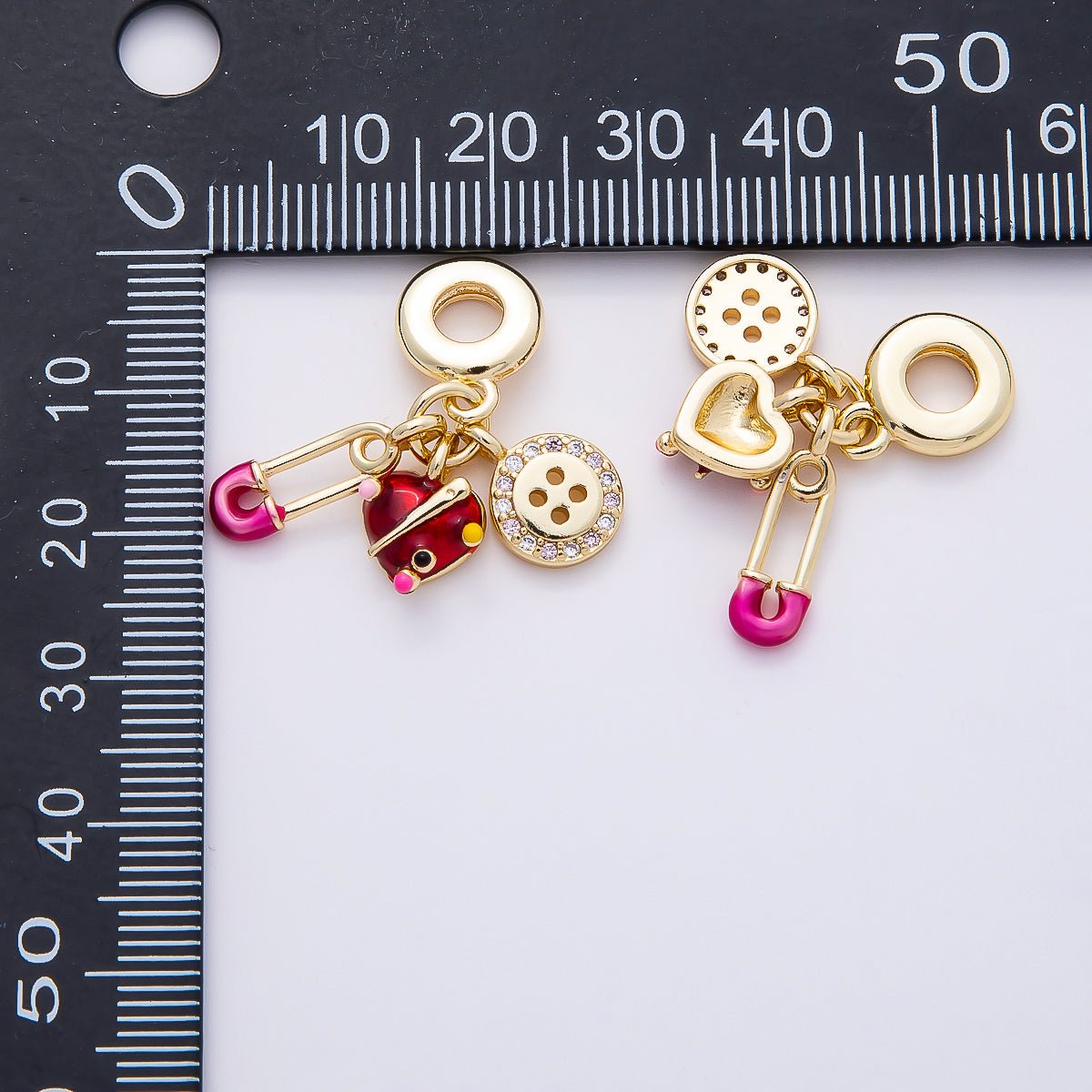 16K Gold Filled 29mm Sewing Kit Safety Pin Button Heart Drop Rondelle Pendant | Charms-00853
