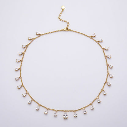 16K Gold Filled 2mm Clear CZ Teardrop Cable Chain 16 Inch Choker Necklace w. Extender | WA-04496