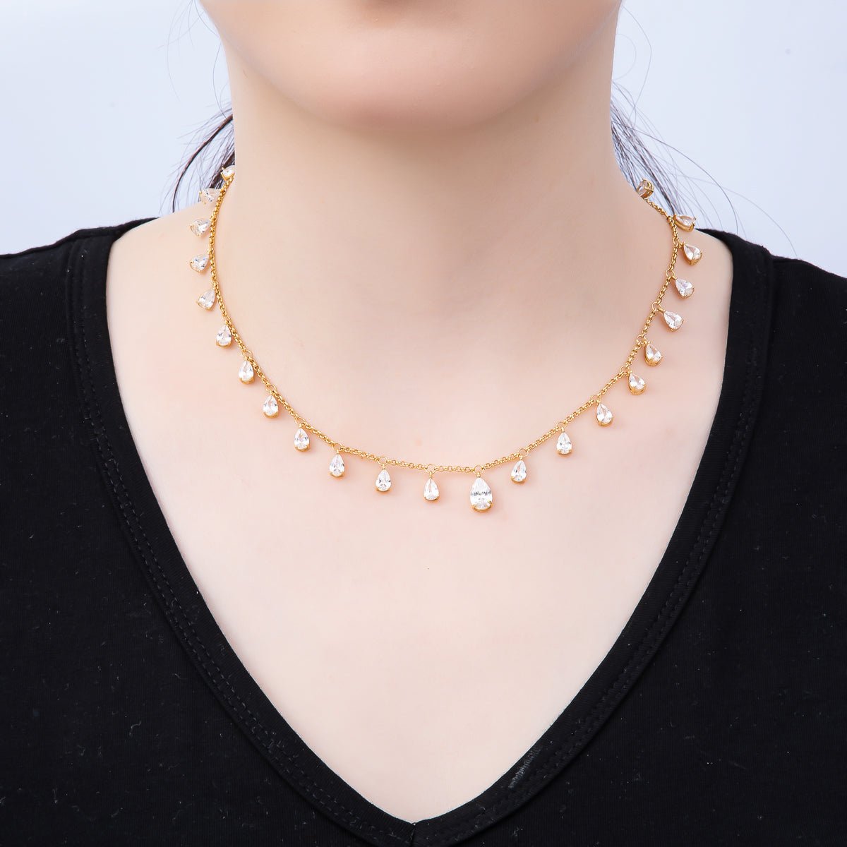 16K Gold Filled 2mm Clear CZ Teardrop Cable Chain 16 Inch Choker Necklace w. Extender | WA-04496
