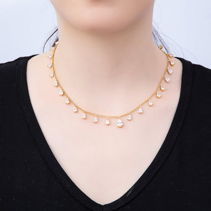 16K Gold Filled 2mm Clear CZ Teardrop Cable Chain 16 Inch Choker Necklace w. Extender | WA-04496