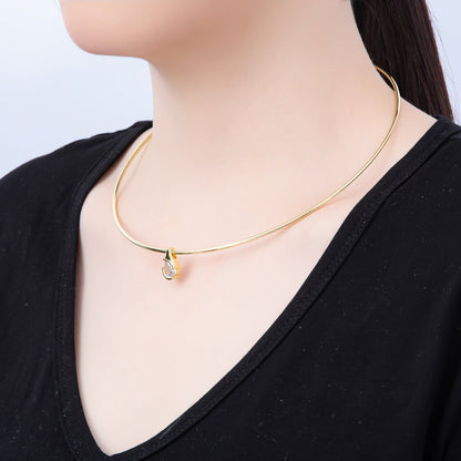16K Gold Filled 2mm Teardrop Solitaire CZ Thin Torque Tube Choker Floating Collar Necklace | WA-04410